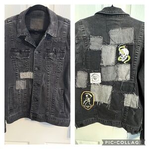 True Religion Punk Patchwork Jimmy Black Denim Trucker Jacket Size L MSRP $269